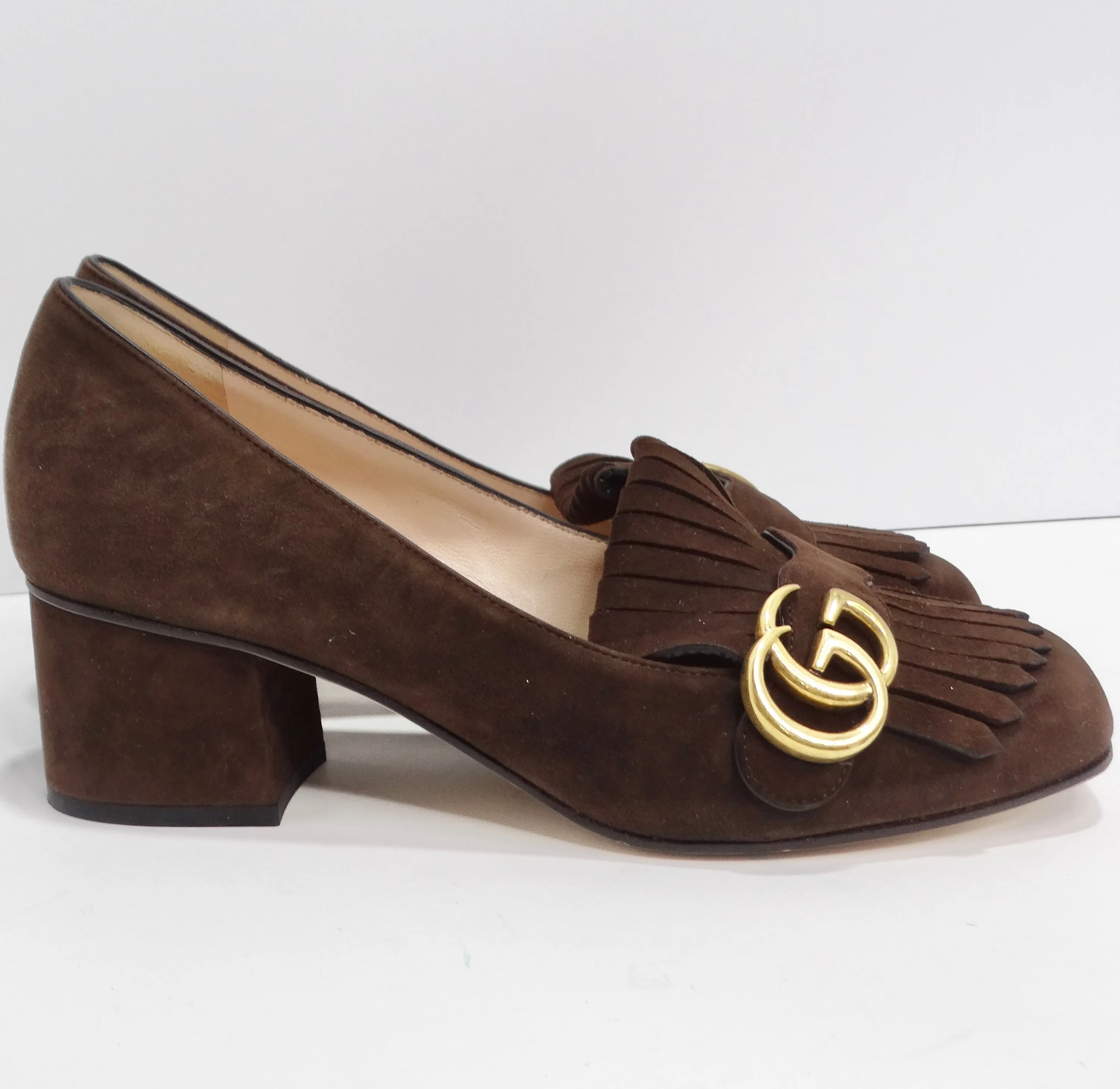 Gucci Marmont Mid-Heel Fringe Pumps in Brown Suede