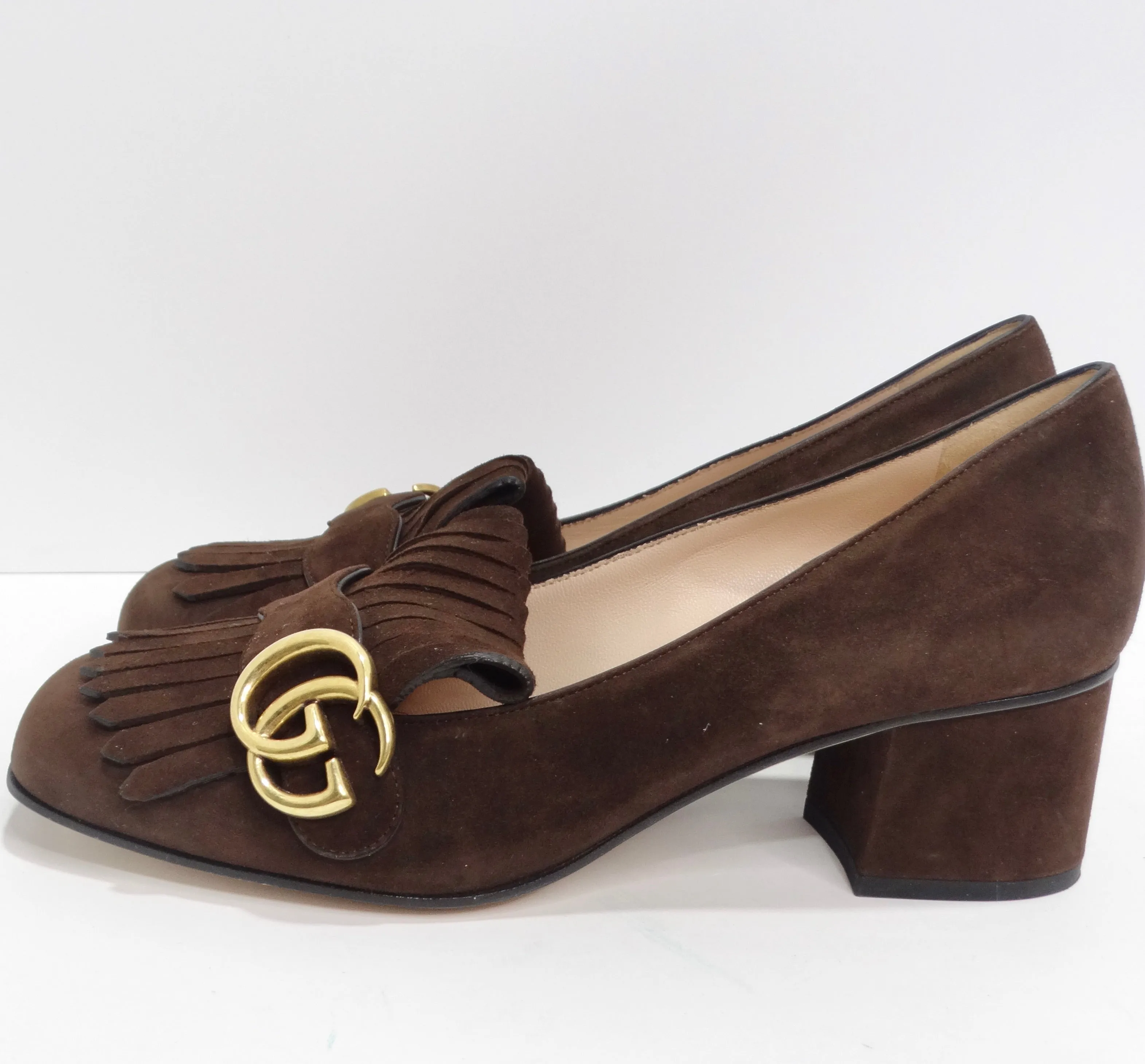 Gucci Marmont Mid-Heel Fringe Pumps in Brown Suede