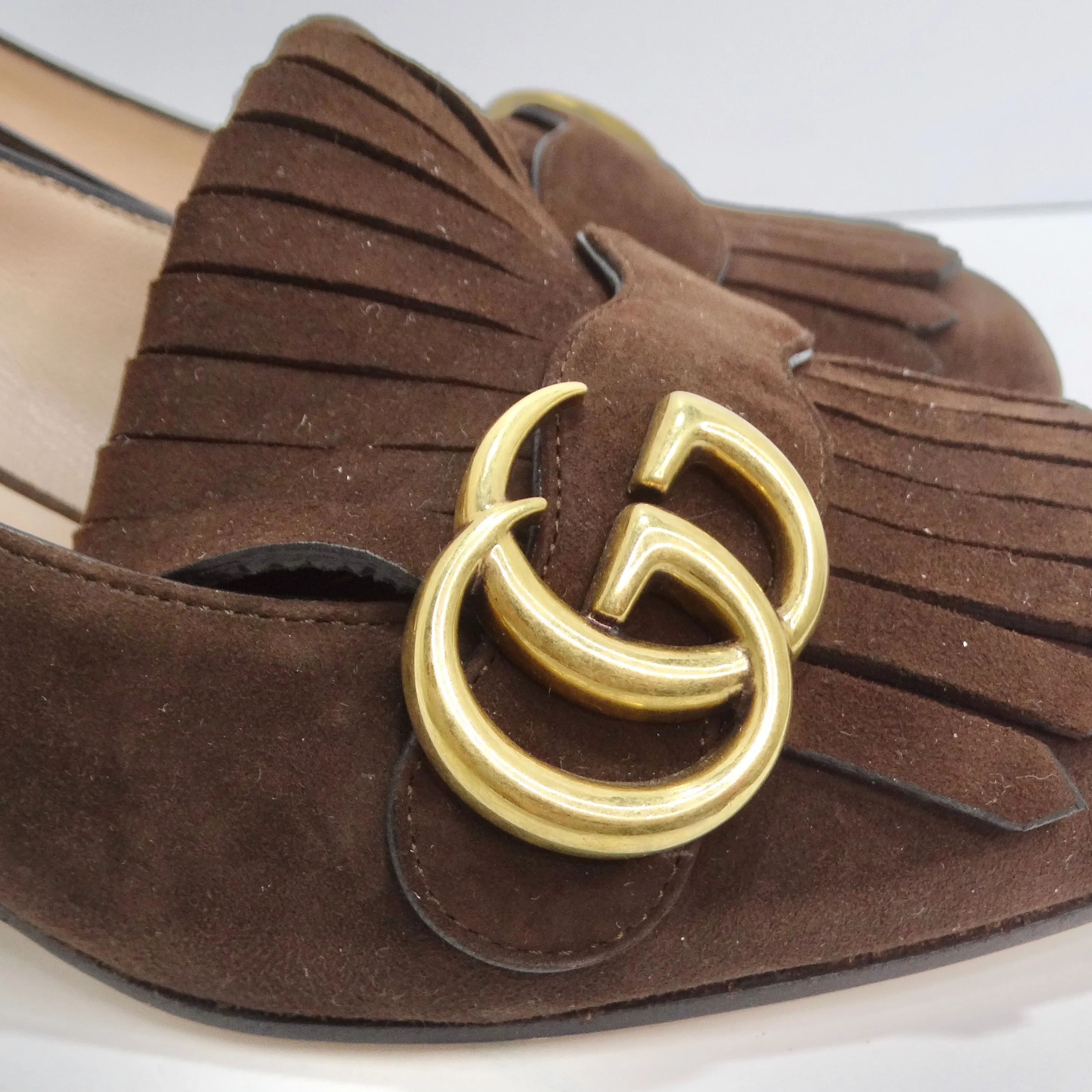 Gucci Marmont Mid-Heel Fringe Pumps in Brown Suede