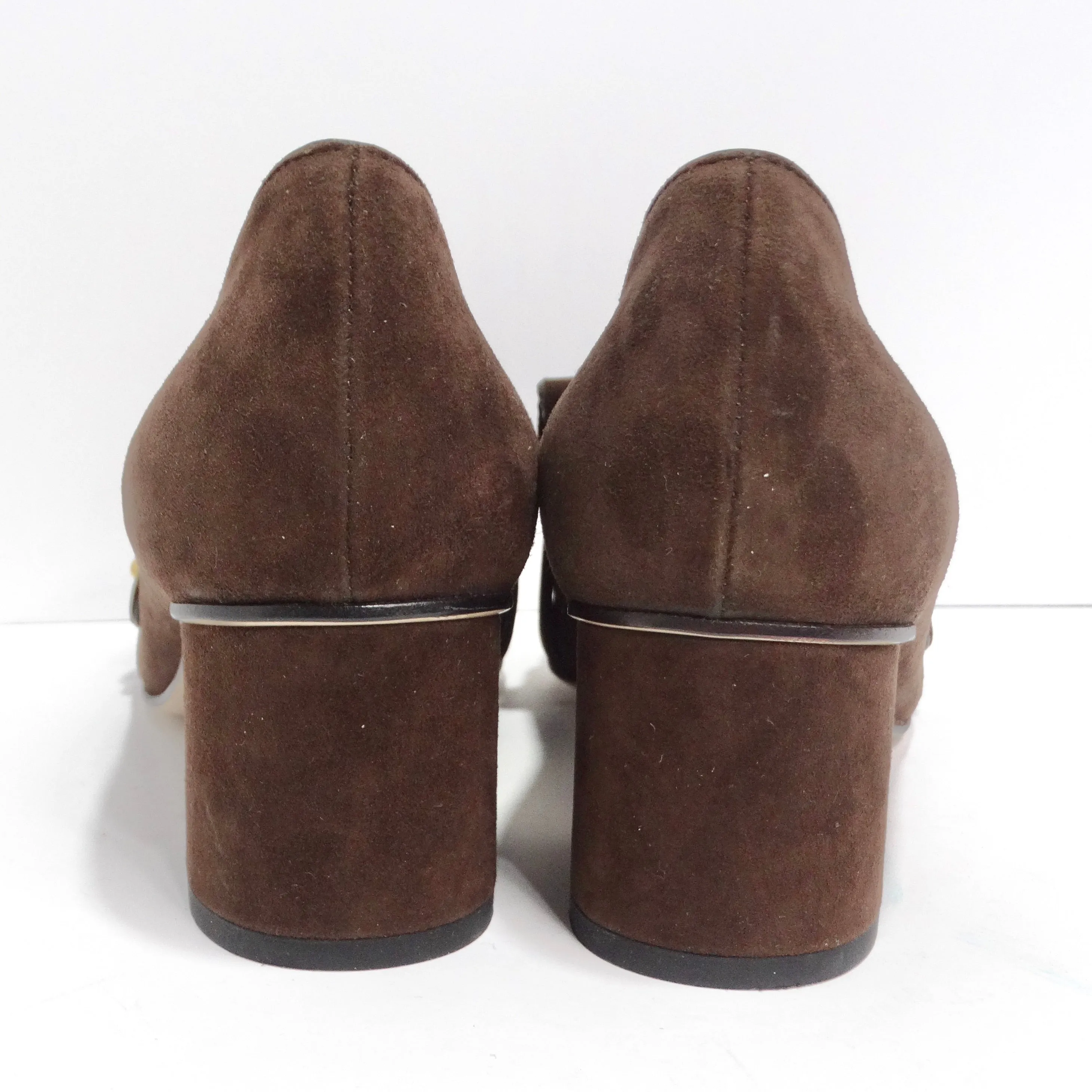Gucci Marmont Mid-Heel Fringe Pumps in Brown Suede