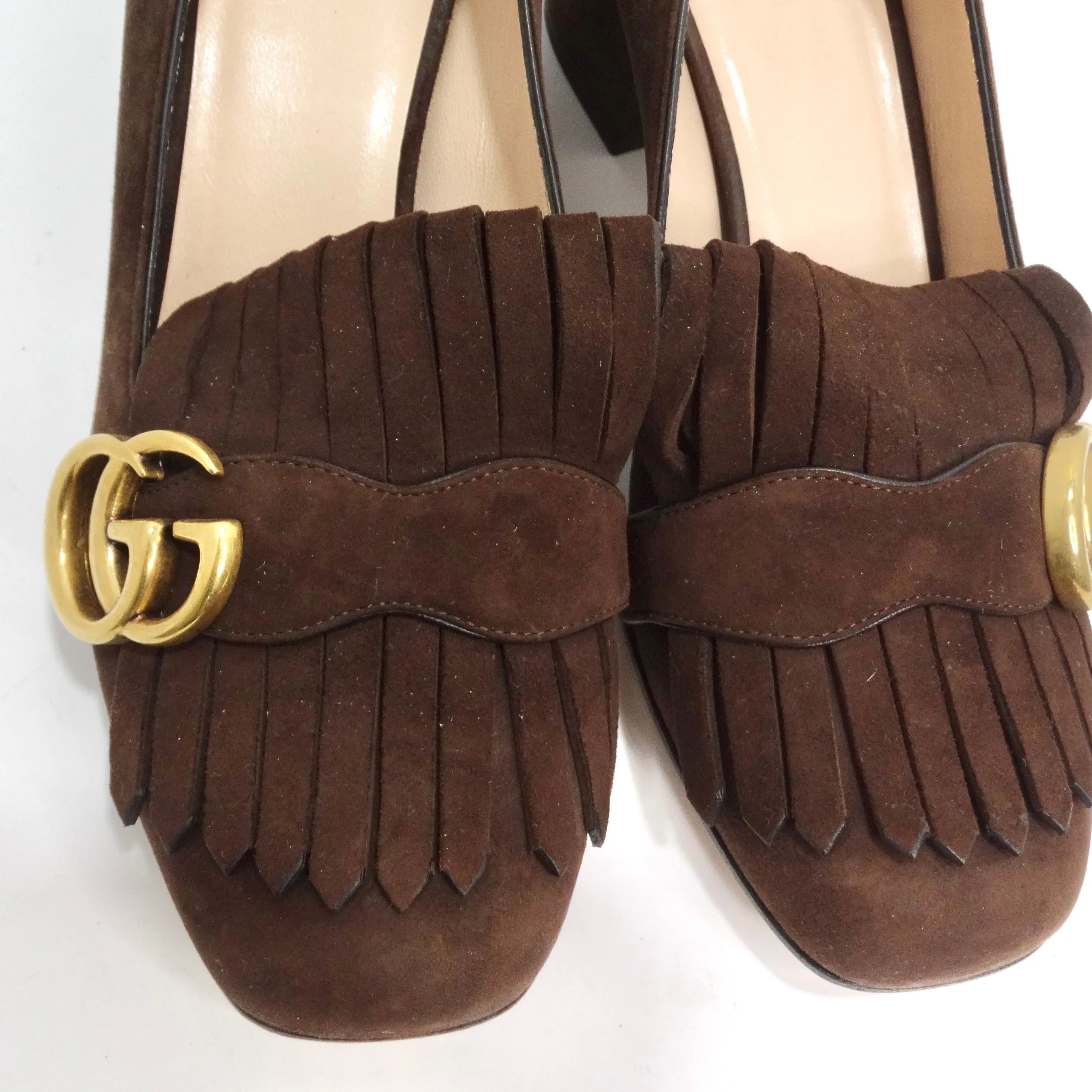 Gucci Marmont Mid-Heel Fringe Pumps in Brown Suede