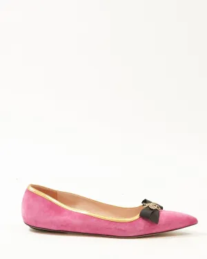 Gucci Pink Suede Embroidered Bee Gold Trim Flats - 39.5
