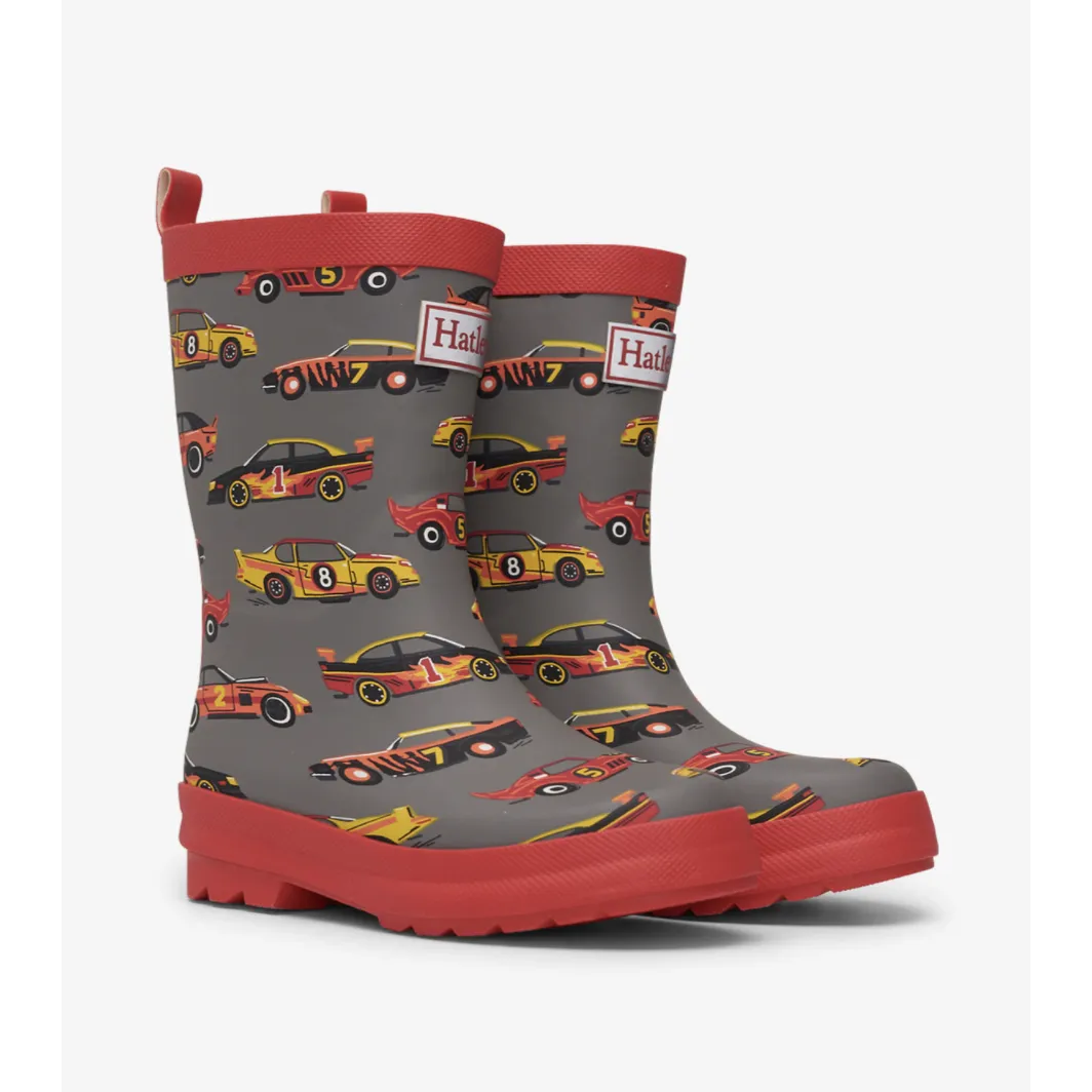 Hatley Classic Race Cars Matte Rain Boots - Steel Grey