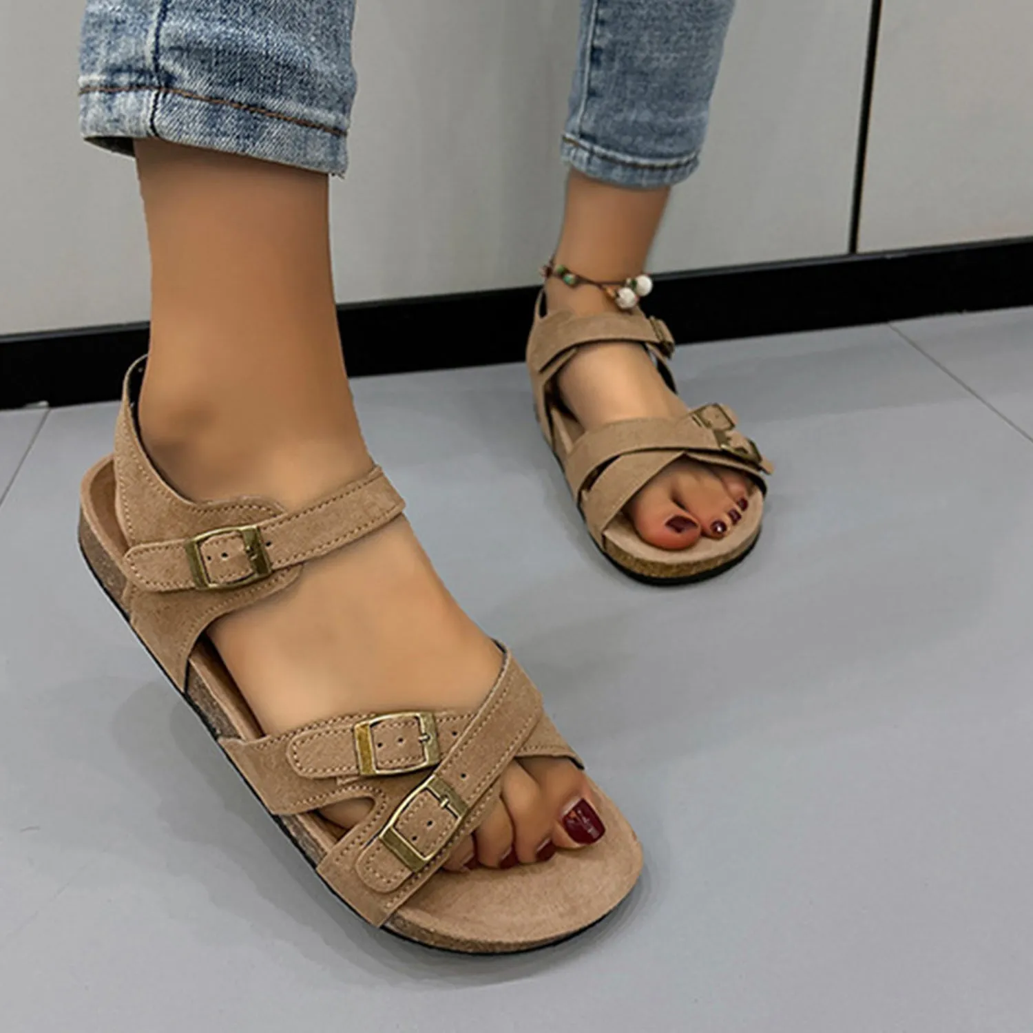 Hazel Blues® |  Open Toe Flat Buckle Sandals