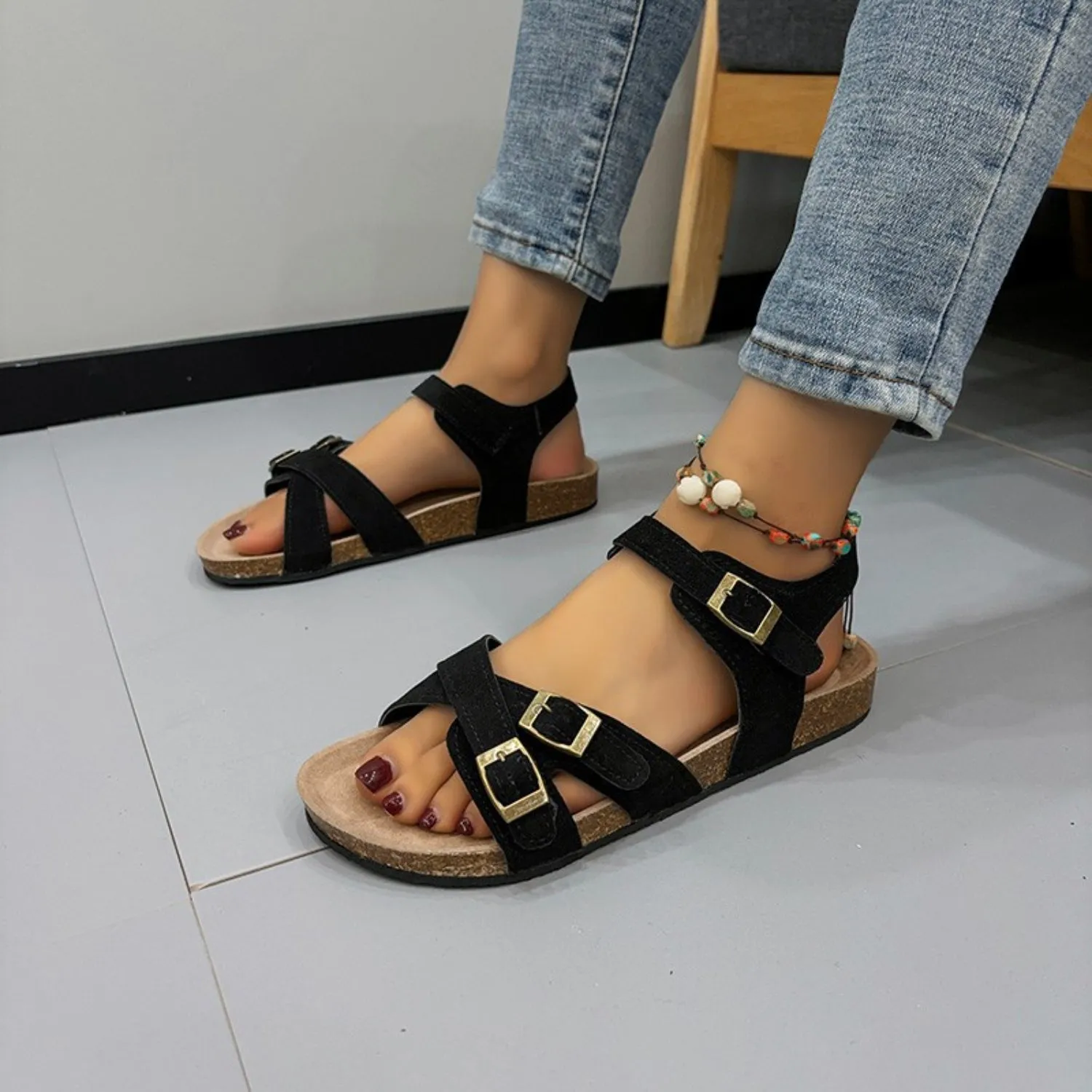 Hazel Blues® |  Open Toe Flat Buckle Sandals