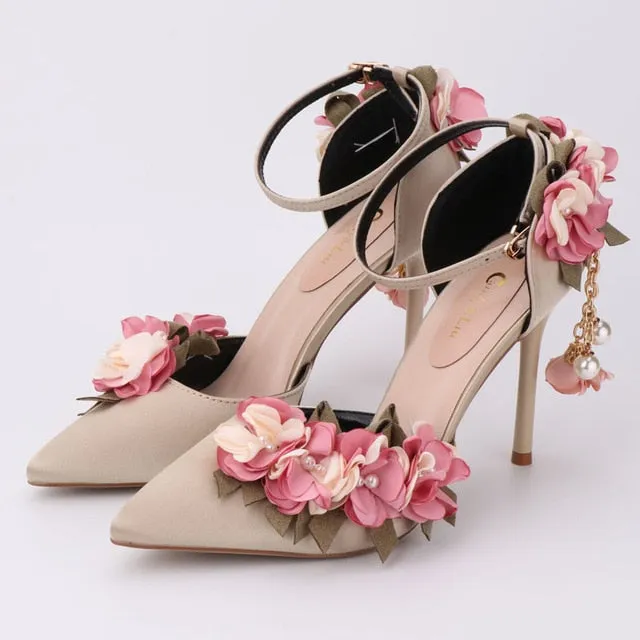 High Heels Lace Flower Pearl Formal Dress Shoes