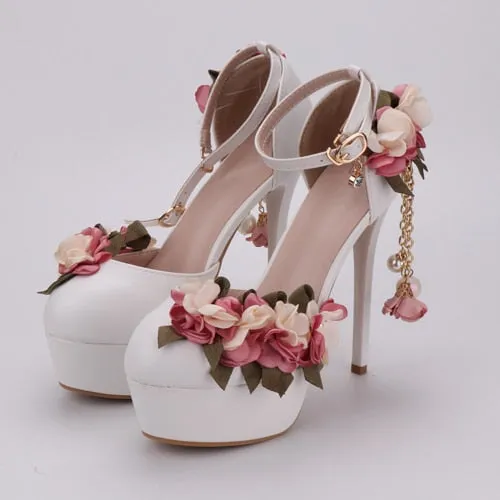 High Heels Lace Flower Pearl Formal Dress Shoes