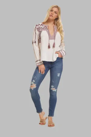 Isabella Embroidered Blouse Natural/ Red