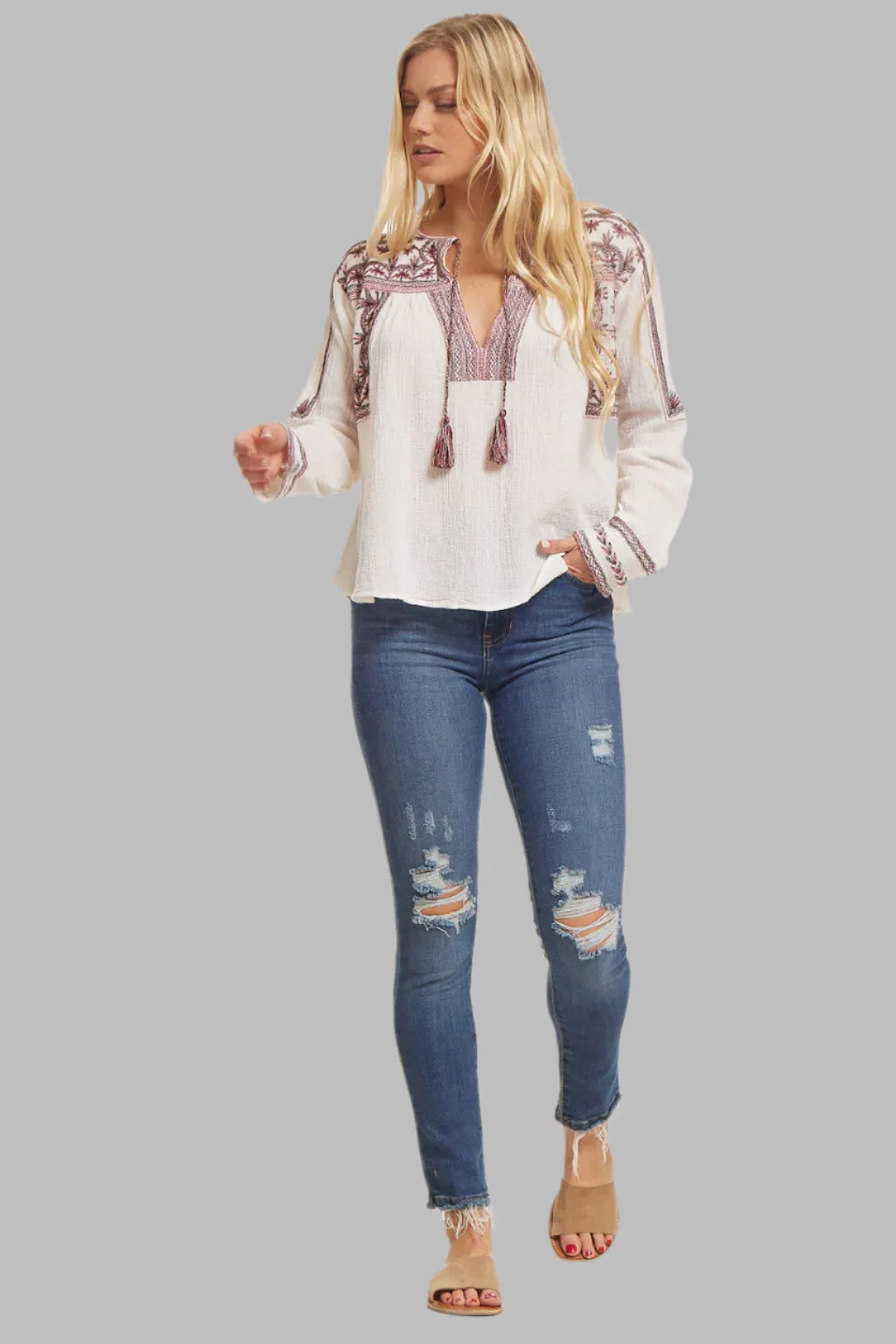 Isabella Embroidered Blouse Natural/ Red