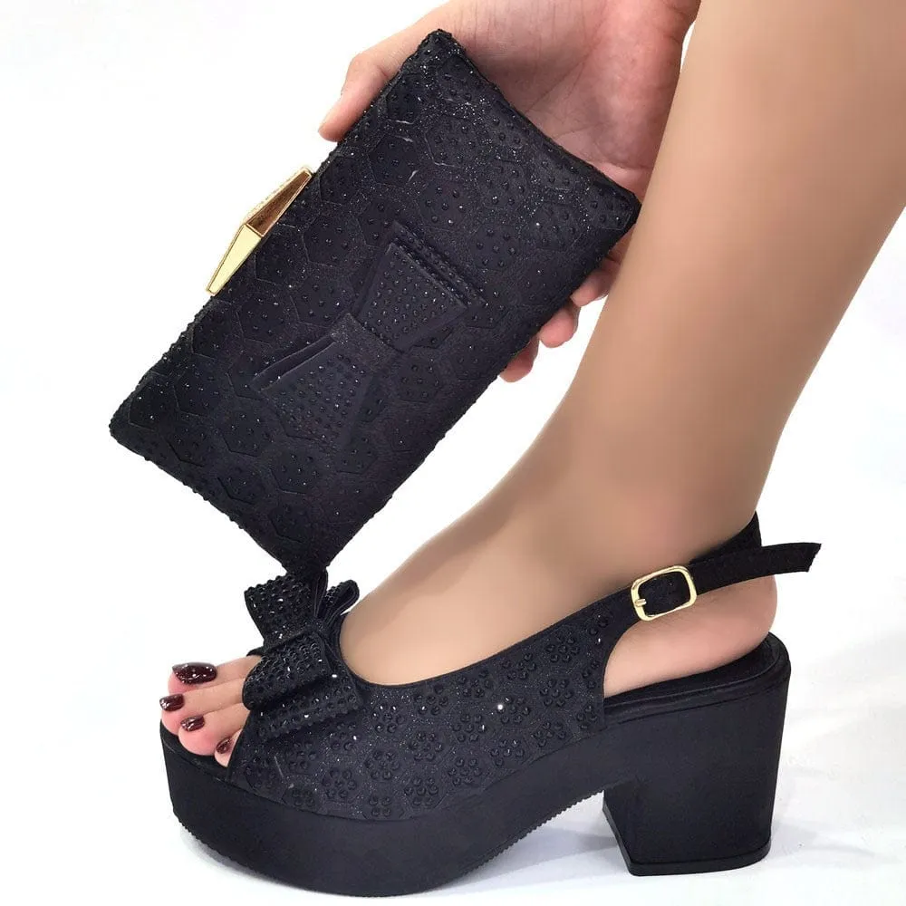 Italian Fashion Shoes & Bag Set Bling Block Heel Pumps