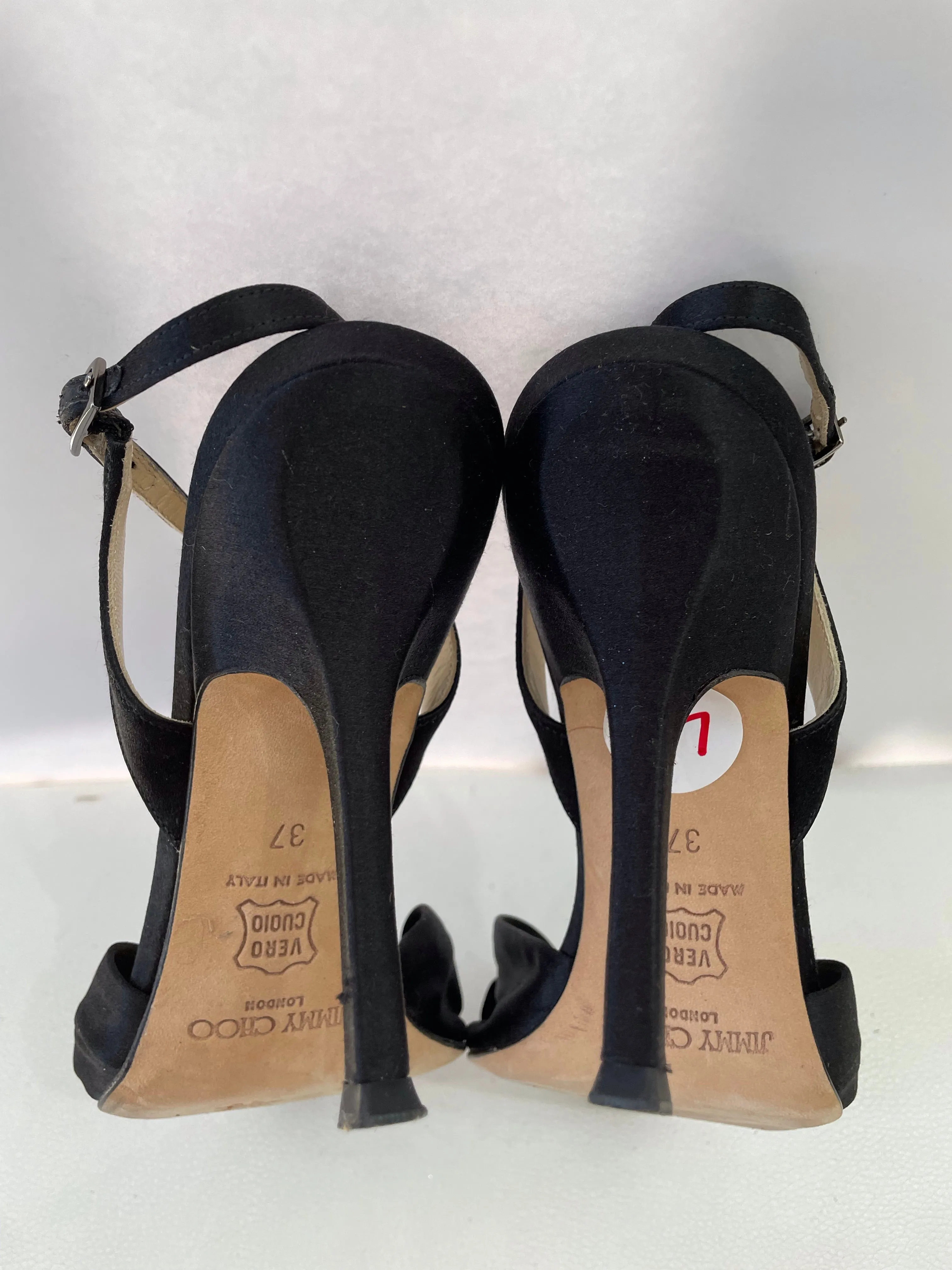 JIMMY CHOO Black Satin Open-Toe Slingback Kitten Evening Heels Size 37