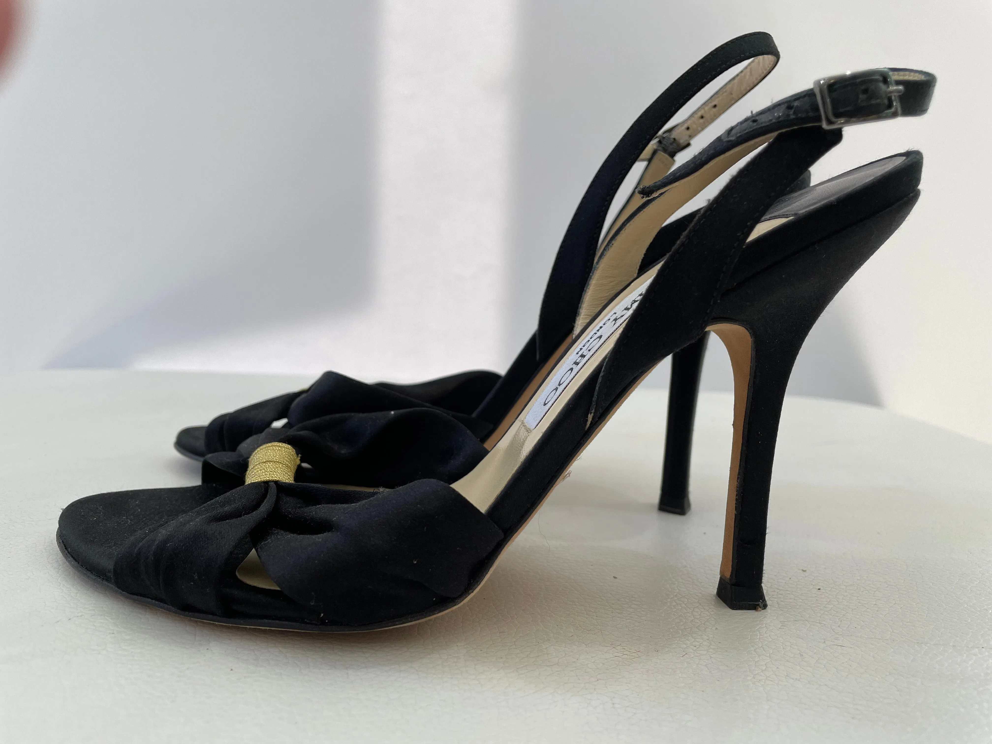 JIMMY CHOO Black Satin Open-Toe Slingback Kitten Evening Heels Size 37