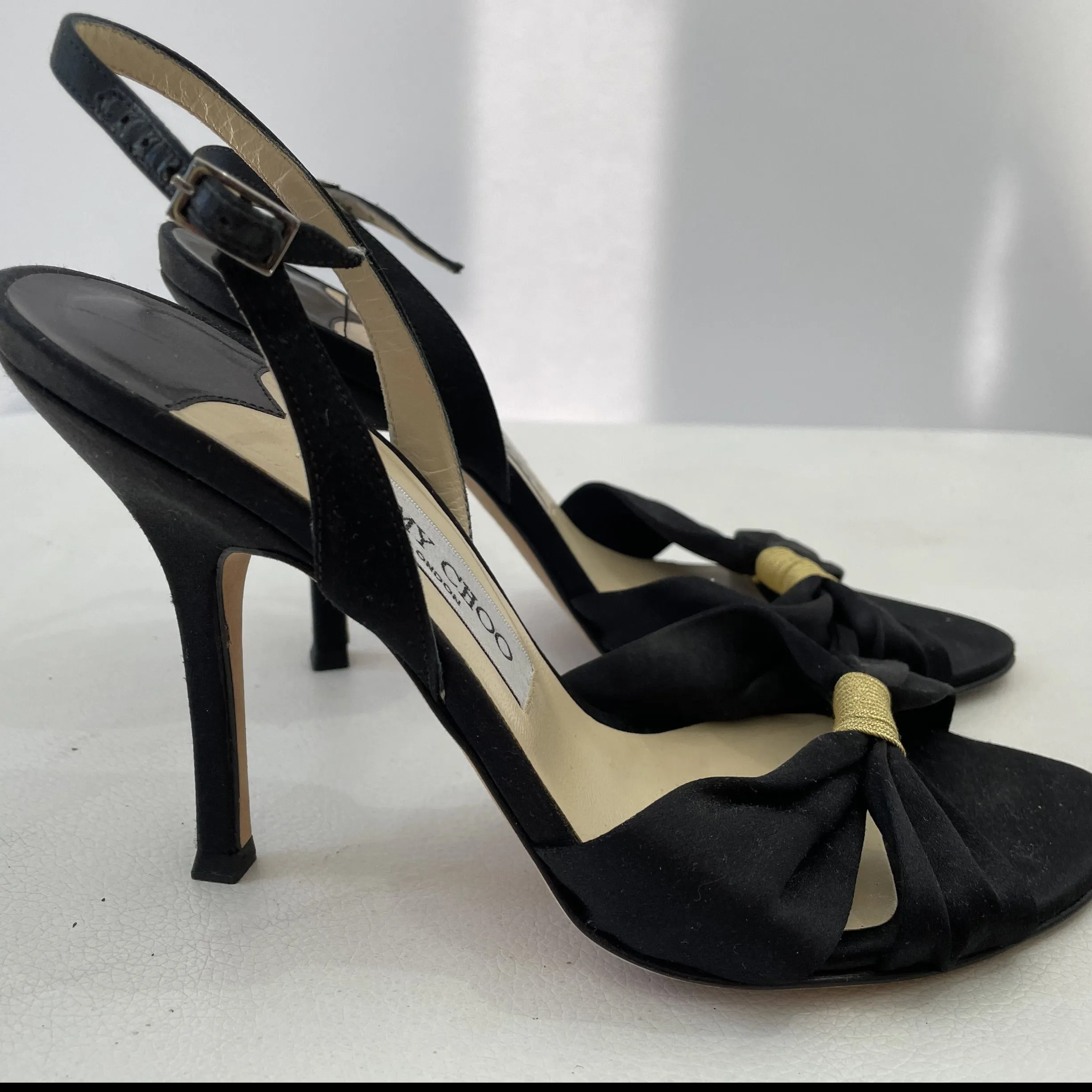 JIMMY CHOO Black Satin Open-Toe Slingback Kitten Evening Heels Size 37