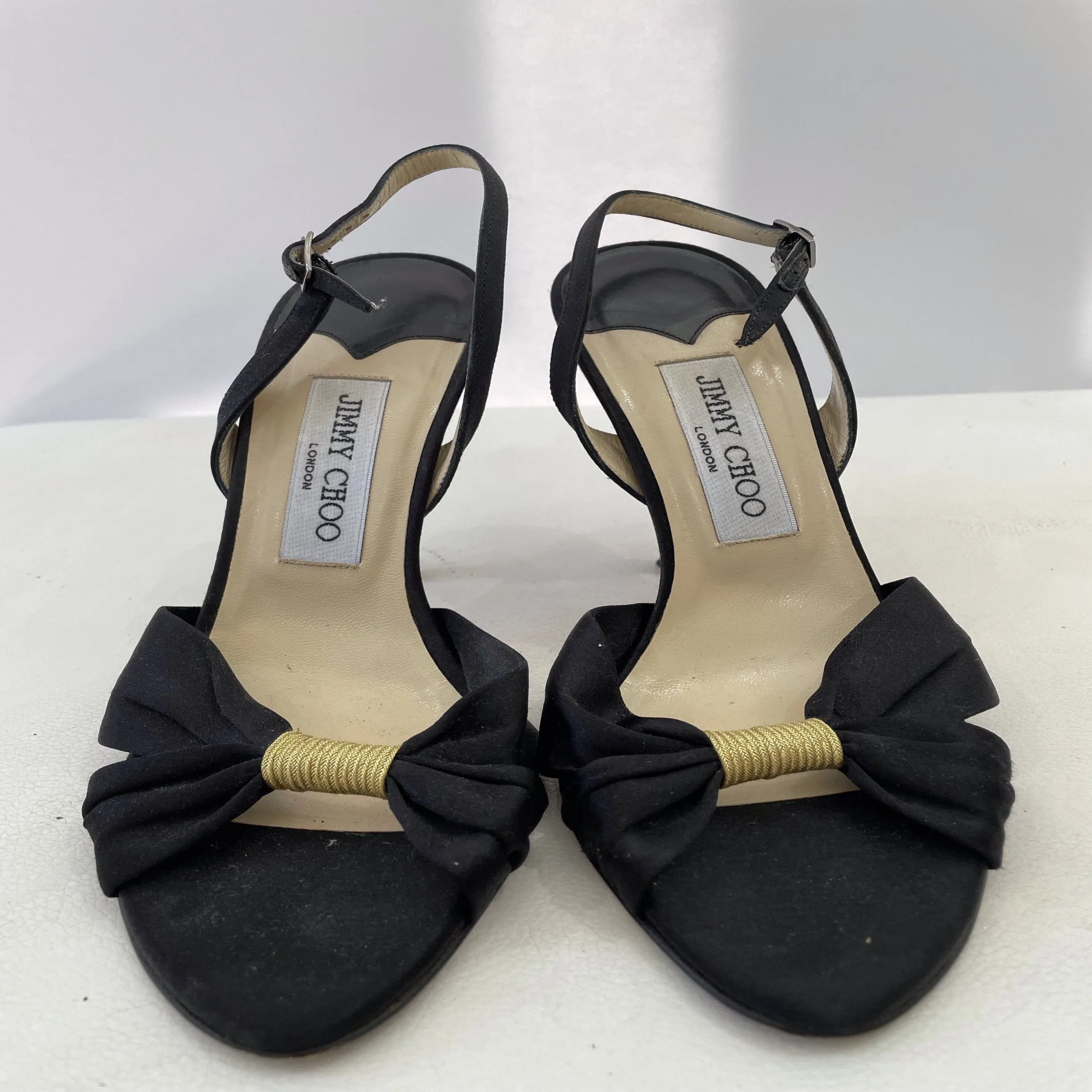 JIMMY CHOO Black Satin Open-Toe Slingback Kitten Evening Heels Size 37