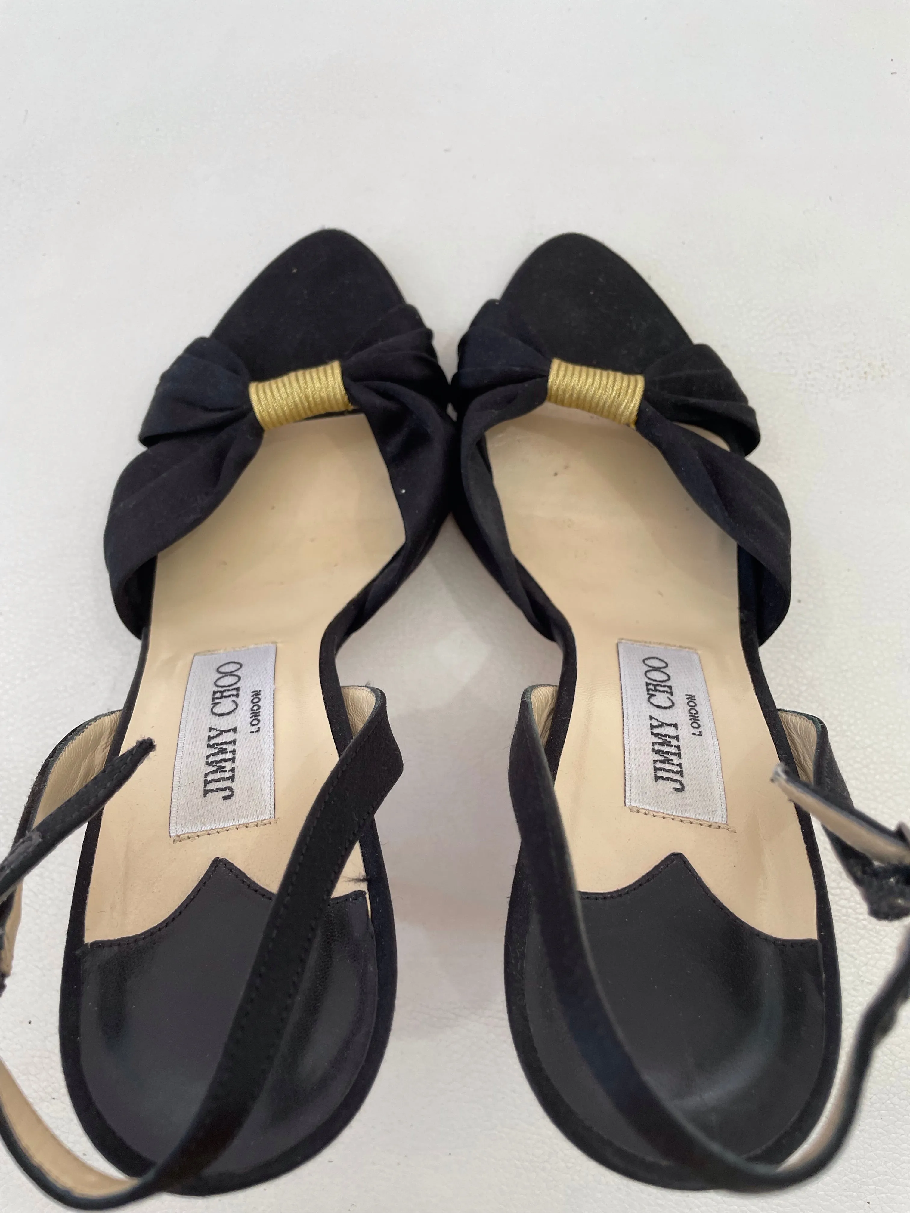 JIMMY CHOO Black Satin Open-Toe Slingback Kitten Evening Heels Size 37