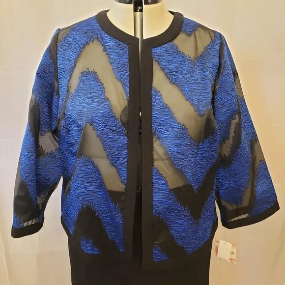 Kasper Womens Blue &amp; Black Lightweight Organza Mixed Texture Jacket w/Skirt. 14W