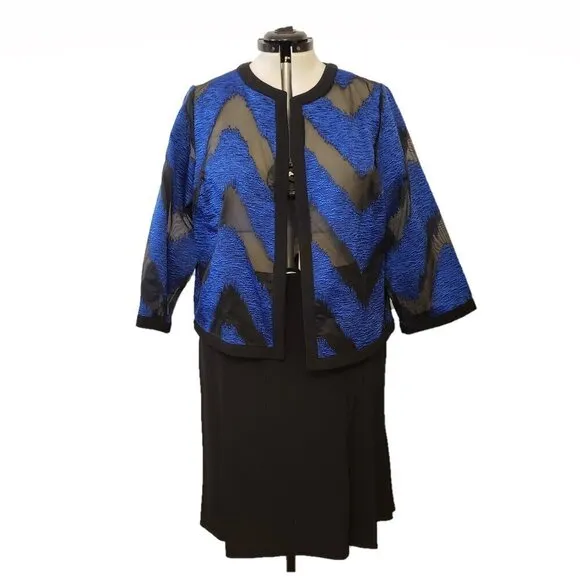 Kasper Womens Blue &amp; Black Lightweight Organza Mixed Texture Jacket w/Skirt. 14W