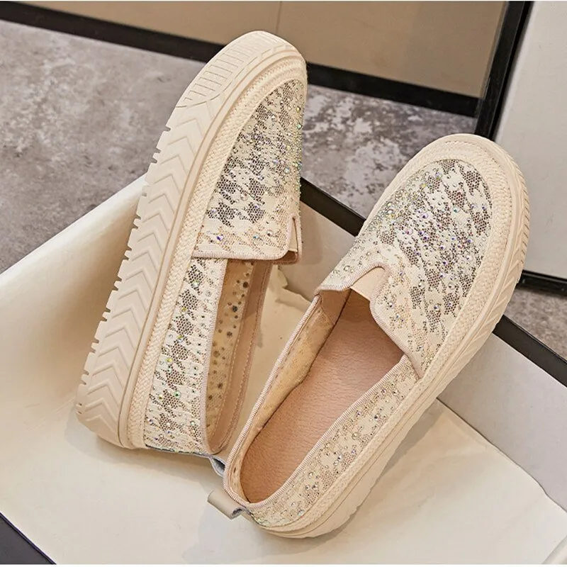 Lace Slip-on Flats Women  Round Toe Crystal Mary Janes Shoes