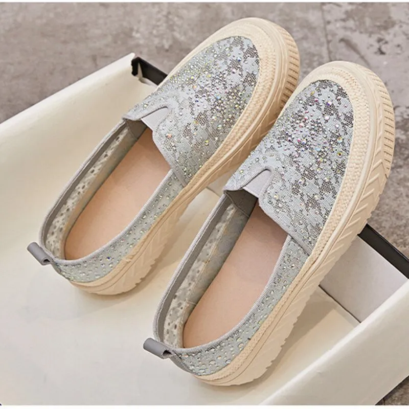 Lace Slip-on Flats Women  Round Toe Crystal Mary Janes Shoes