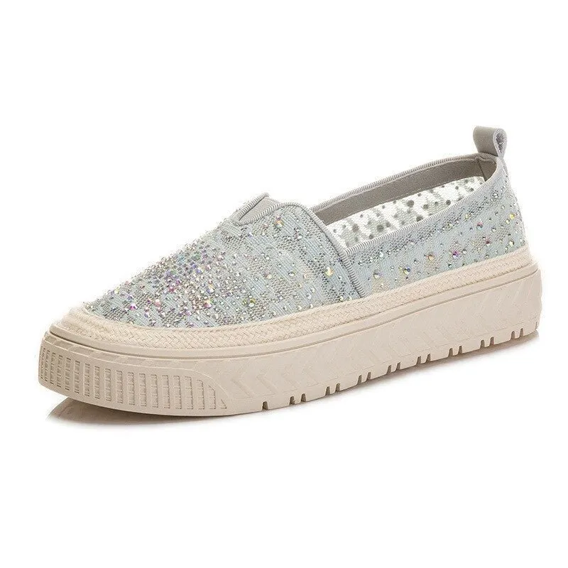 Lace Slip-on Flats Women  Round Toe Crystal Mary Janes Shoes