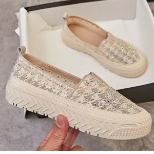 Lace Slip-on Flats Women  Round Toe Crystal Mary Janes Shoes
