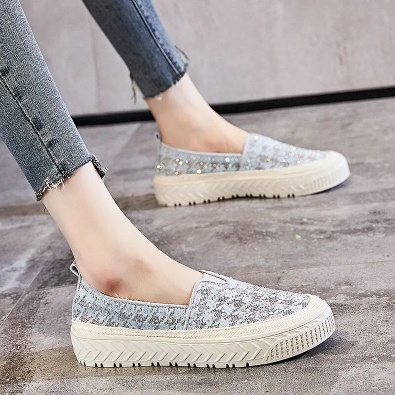 Lace Slip-on Flats Women  Round Toe Crystal Mary Janes Shoes