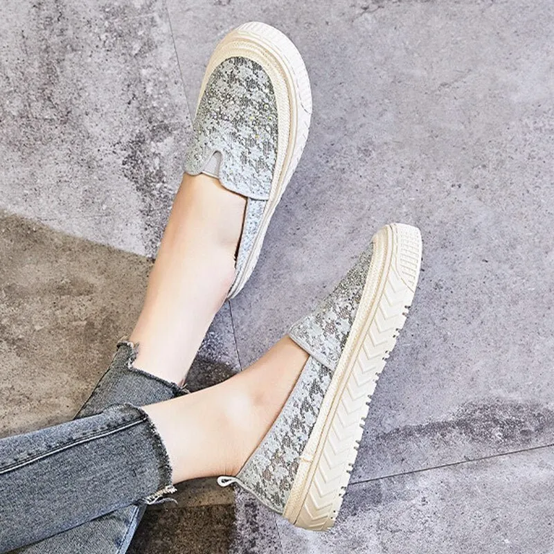 Lace Slip-on Flats Women  Round Toe Crystal Mary Janes Shoes