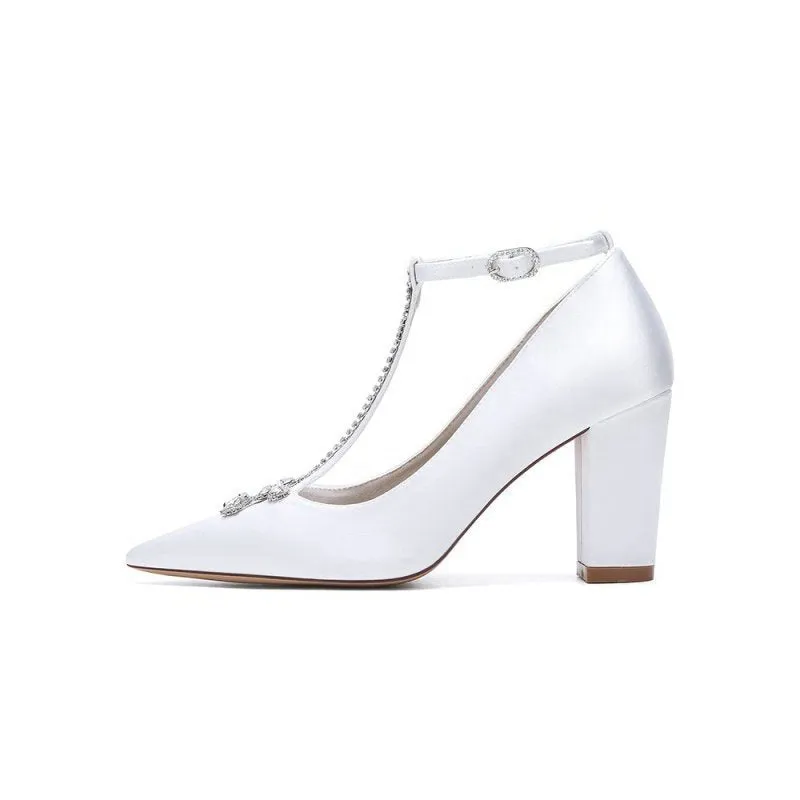 Leather Pump with Chain and Crystal Accent