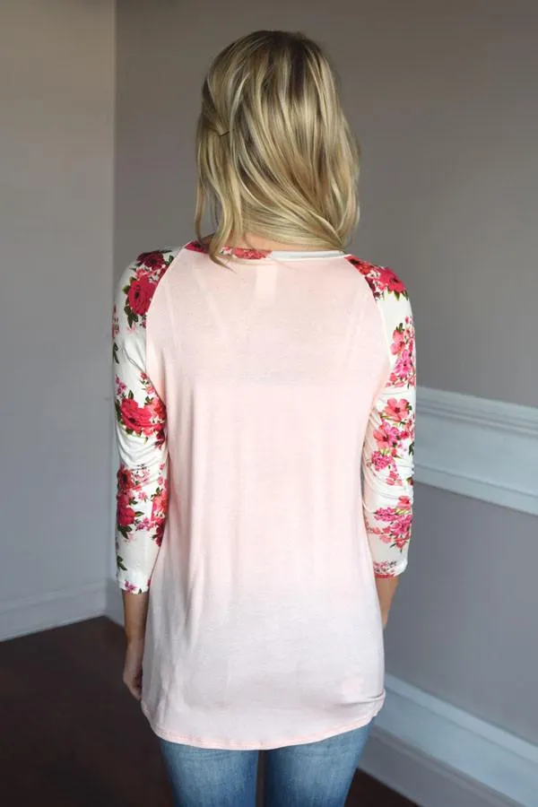 Light Pink Floral Top ~ Red & Pink Sleeves
