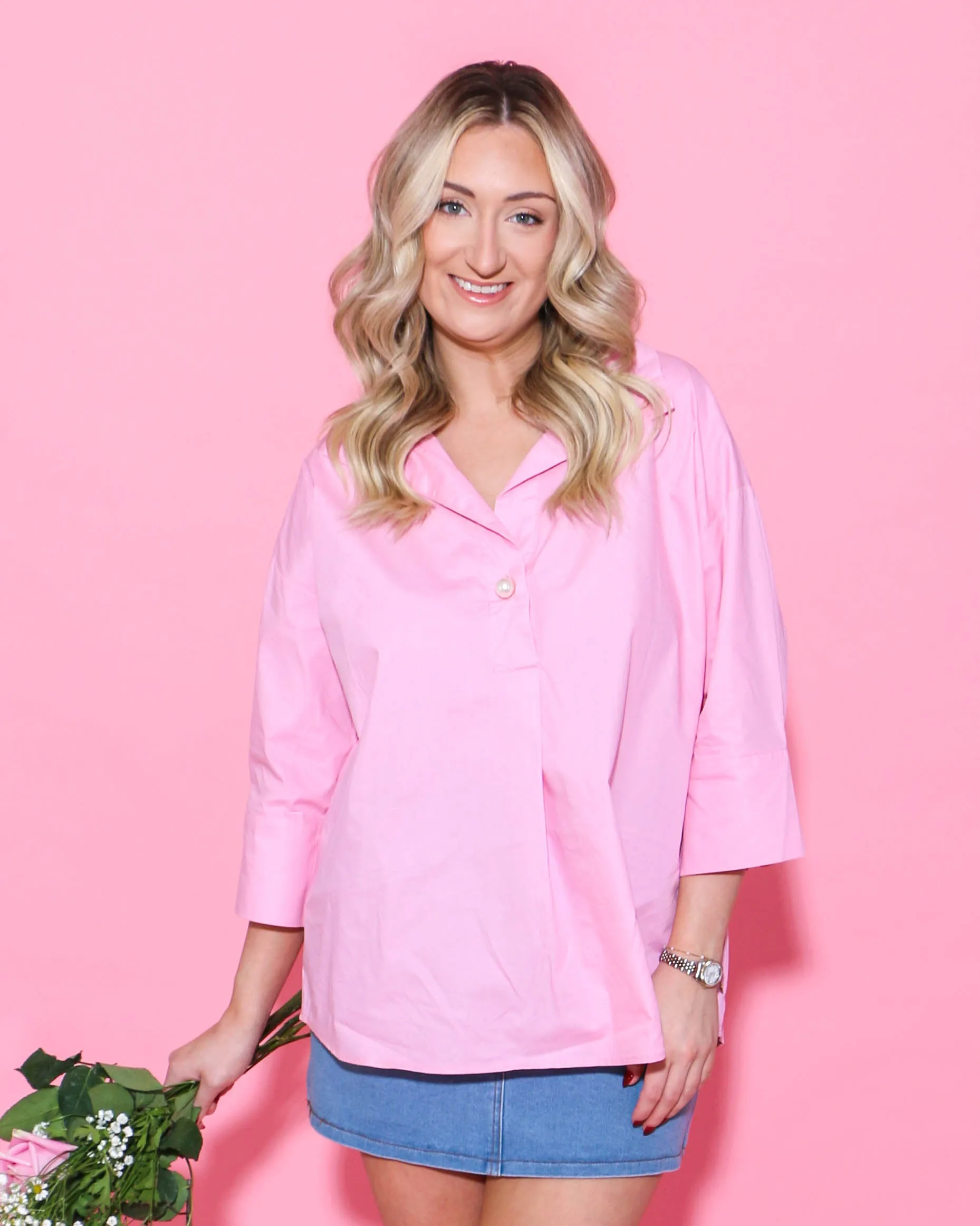 Light Pink Solid Collared 3/4 Sleeve Top