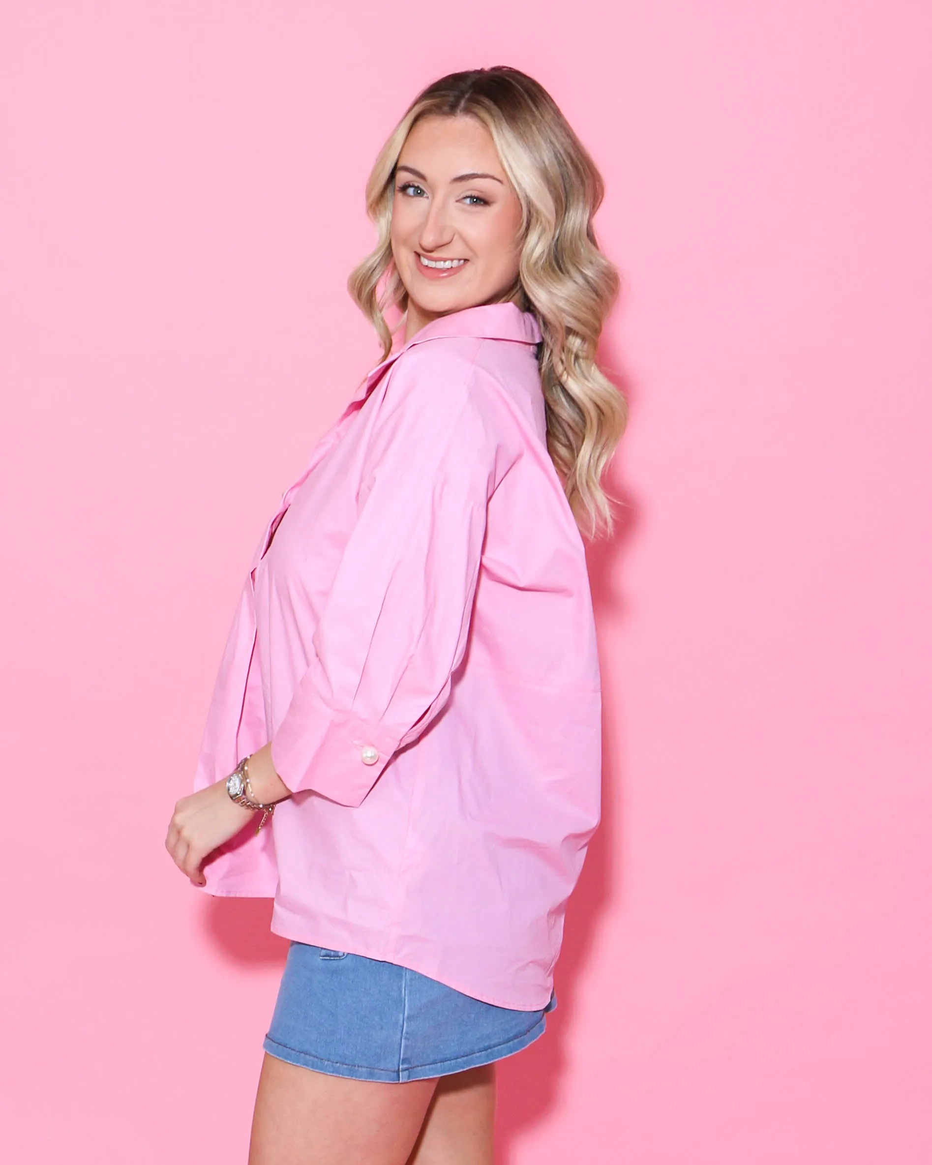 Light Pink Solid Collared 3/4 Sleeve Top