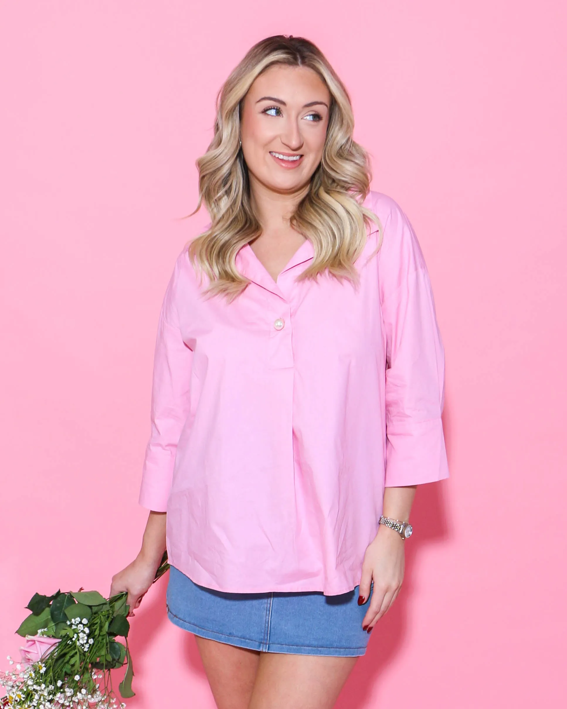 Light Pink Solid Collared 3/4 Sleeve Top