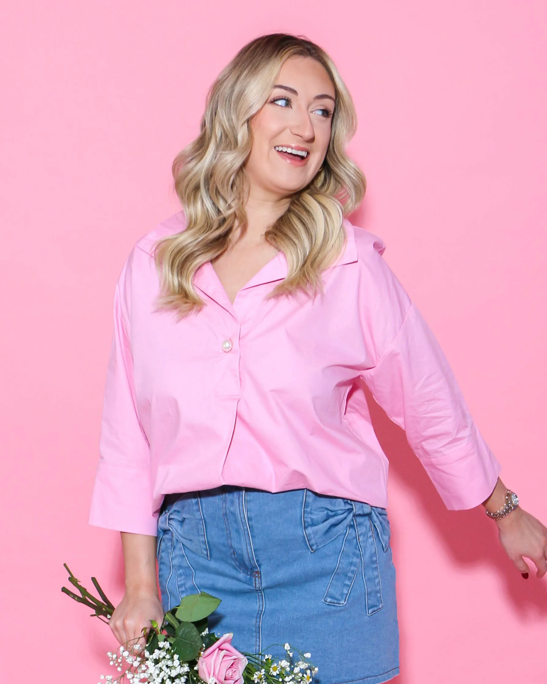 Light Pink Solid Collared 3/4 Sleeve Top