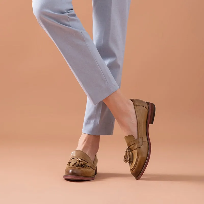 Loafers Women Tassels Genuine Leather Slip Ons Sheepskin Pointed Toe Lady Flats Casual Shoes Handmade