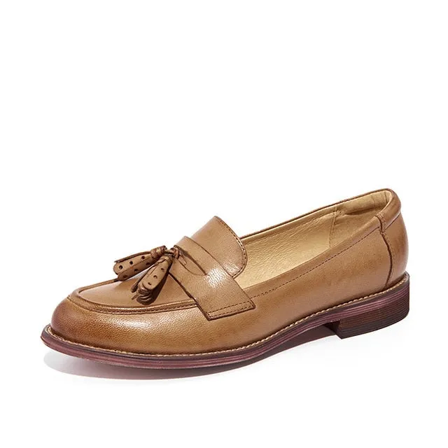 Loafers Women Tassels Genuine Leather Slip Ons Sheepskin Pointed Toe Lady Flats Casual Shoes Handmade