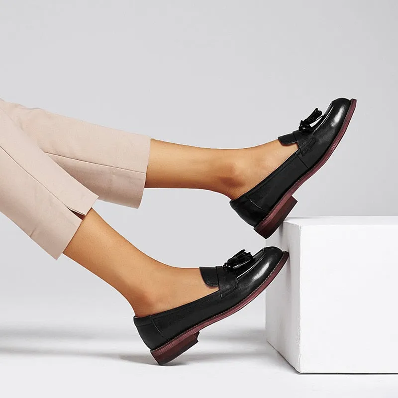 Loafers Women Tassels Genuine Leather Slip Ons Sheepskin Pointed Toe Lady Flats Casual Shoes Handmade