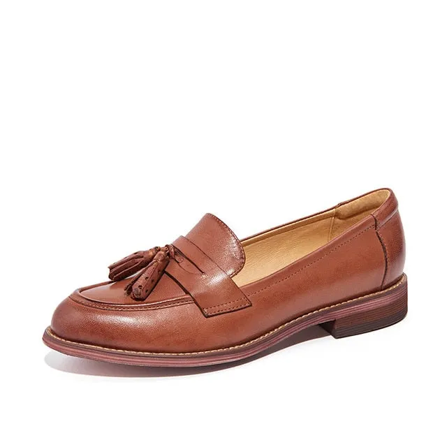 Loafers Women Tassels Genuine Leather Slip Ons Sheepskin Pointed Toe Lady Flats Casual Shoes Handmade