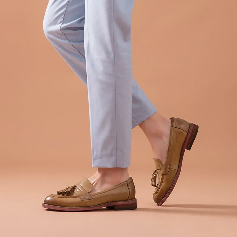 Loafers Women Tassels Genuine Leather Slip Ons Sheepskin Pointed Toe Lady Flats Casual Shoes Handmade