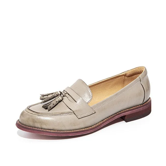 Loafers Women Tassels Genuine Leather Slip Ons Sheepskin Pointed Toe Lady Flats Casual Shoes Handmade
