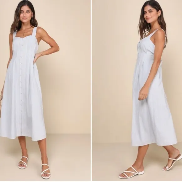 LULU's Casual Striped Chic Modern Minimalistic Button Down Midi Dress NWOT