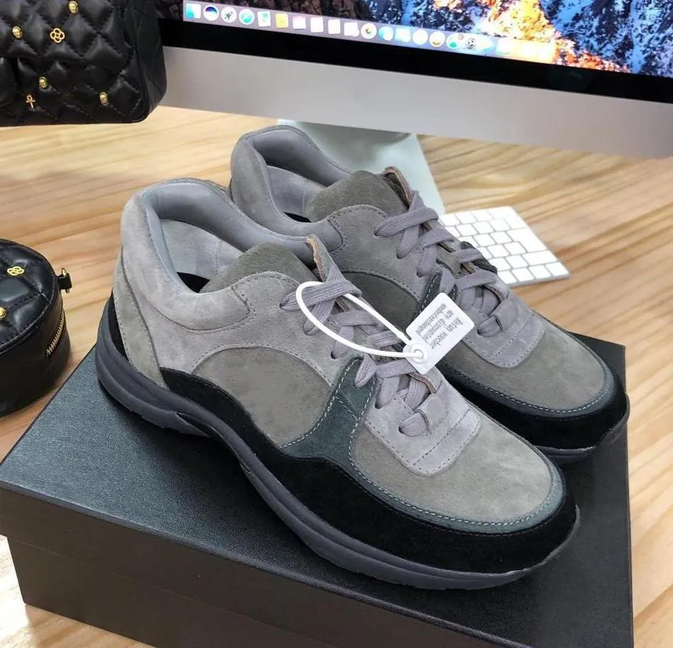 Luxury Fashion shoes Black Grey True leather Suede Calfskin Low Lace Up Sneaker Runners Trainers
