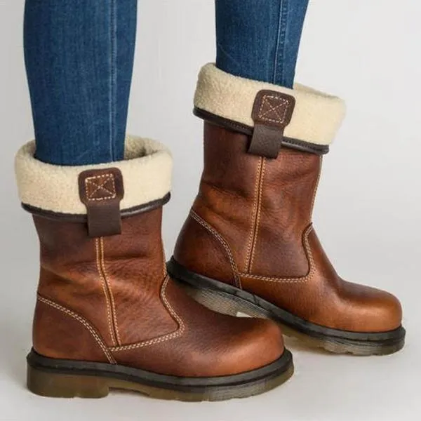 Lydiashoes Plain Flat Round Toe Date Outdoor Mid Calf Flat Boots