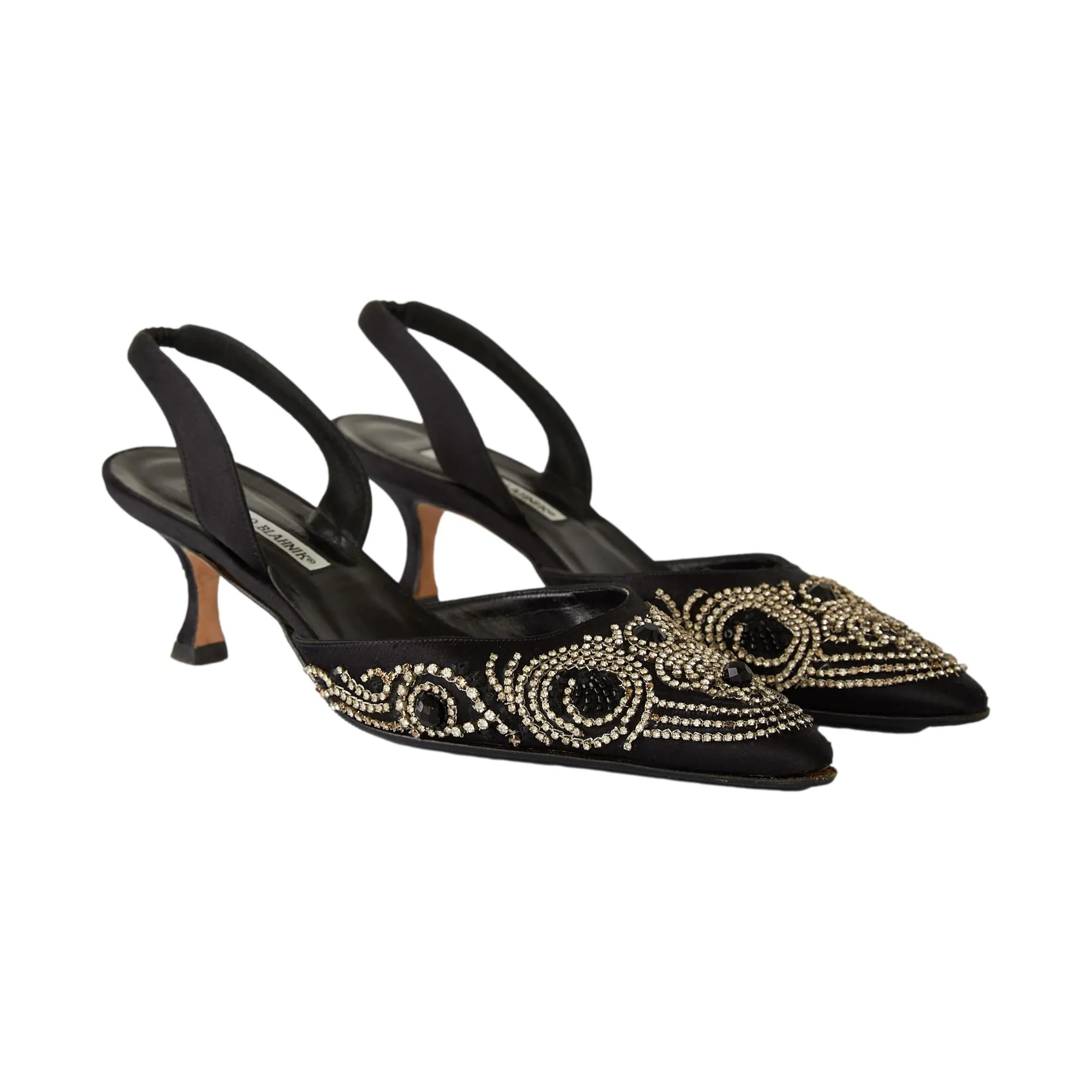 Manolo Blahnik Black Satin Rhinestone Kitten Heels