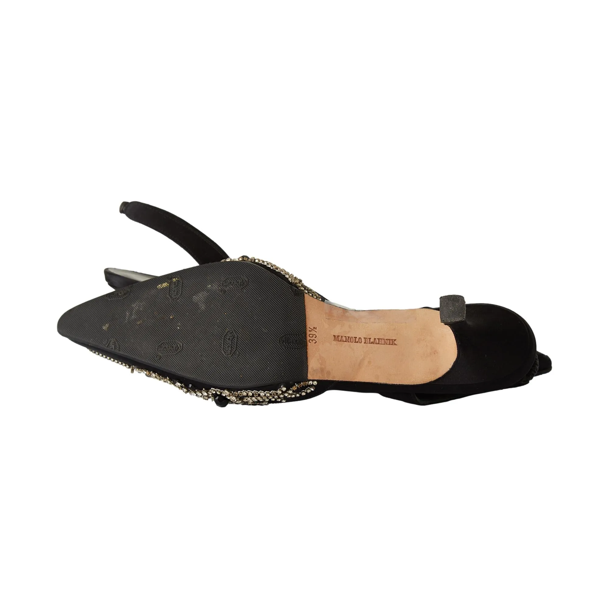 Manolo Blahnik Black Satin Rhinestone Kitten Heels