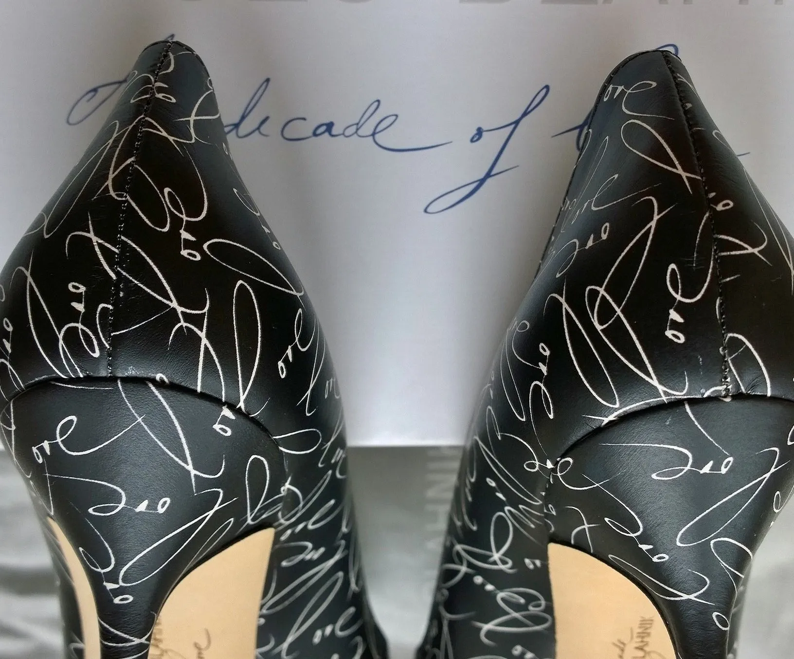Manolo Blahnik Hangisi A Decade of Love Black Printed Leather Buckle Heels 105
