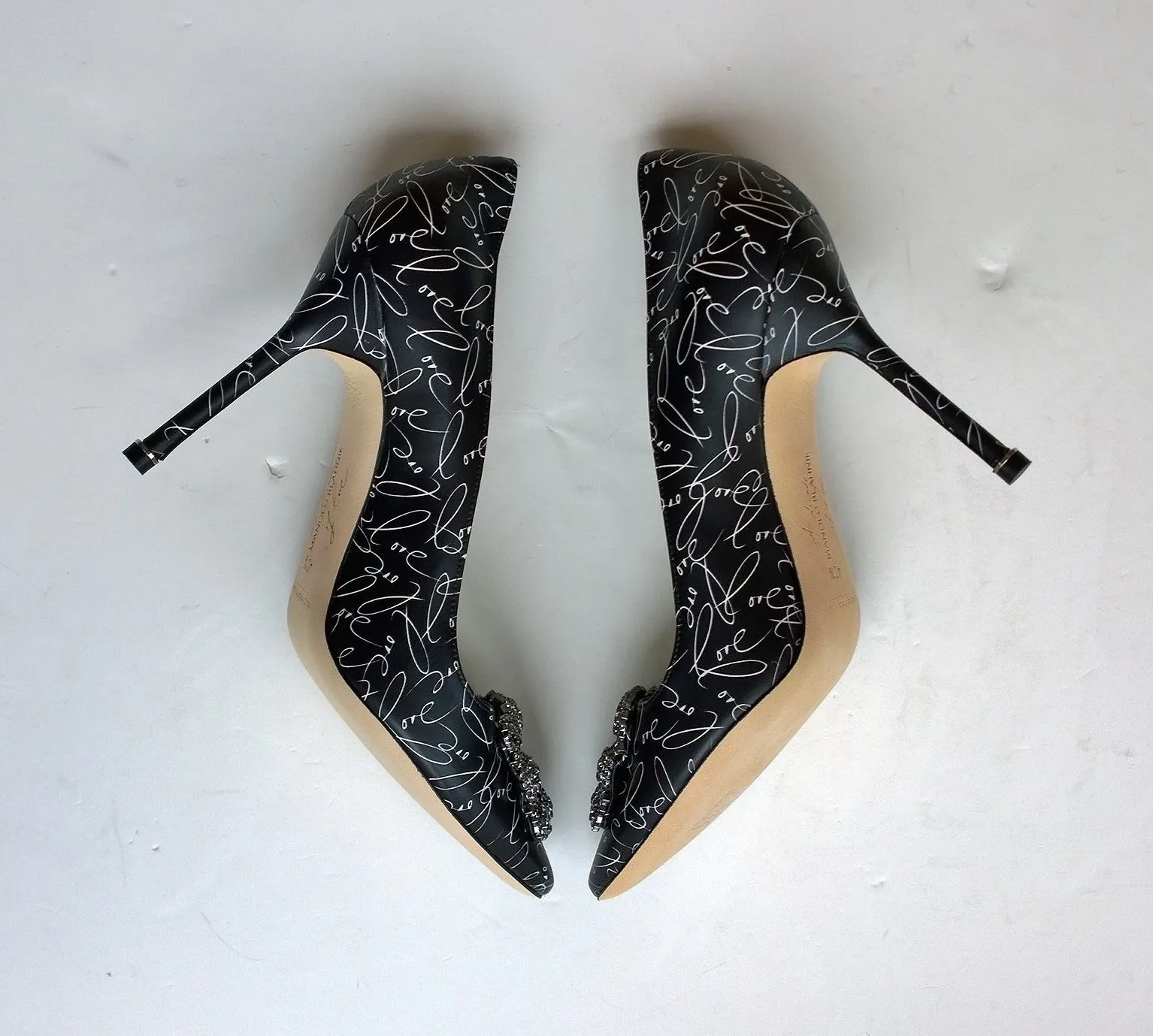 Manolo Blahnik Hangisi A Decade of Love Black Printed Leather Buckle Heels 105