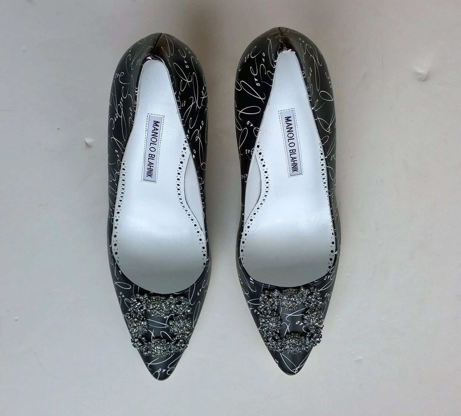 Manolo Blahnik Hangisi A Decade of Love Black Printed Leather Buckle Heels 105