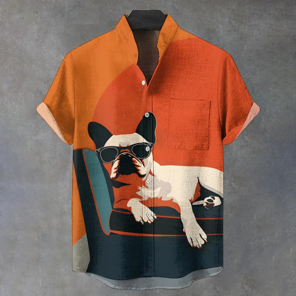 Men's Chilling Sofa Bulldog Contrast Color Print Linen Blend Shirt 2408006332