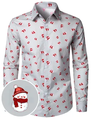 Men's Christmas Snowman Print Casual Button Long Sleeve Shirt