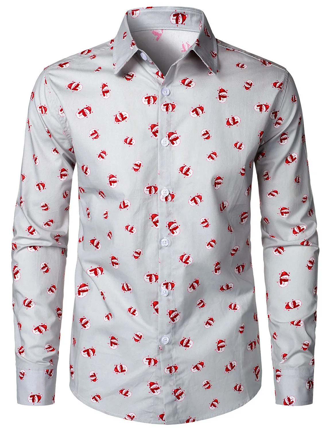 Men's Christmas Snowman Print Casual Button Long Sleeve Shirt
